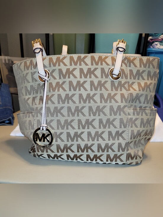 Michael Kors Handbags - Michael Kors Jet Set Medium Logo Beige Signature Tote With Dust Bag.